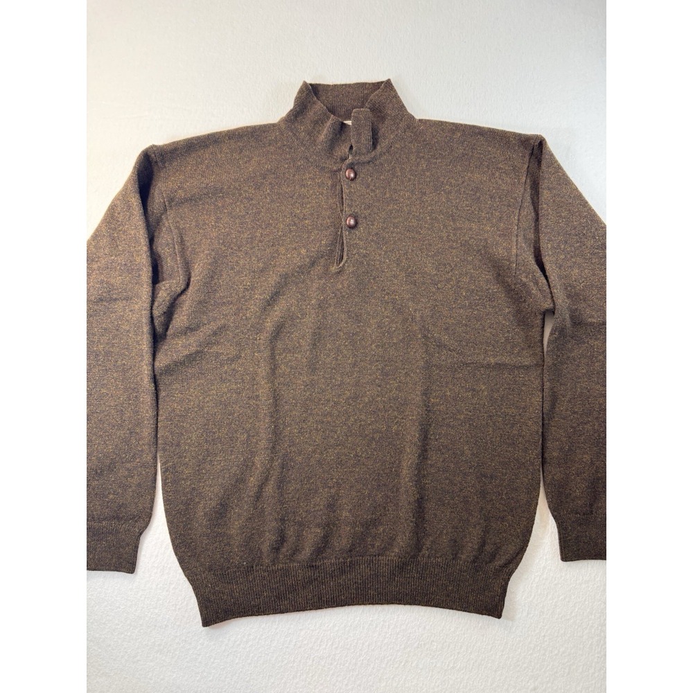 LL Bean Mens Henley Sweater 100% Lambswool Medium Brown Casual Preppy EUC